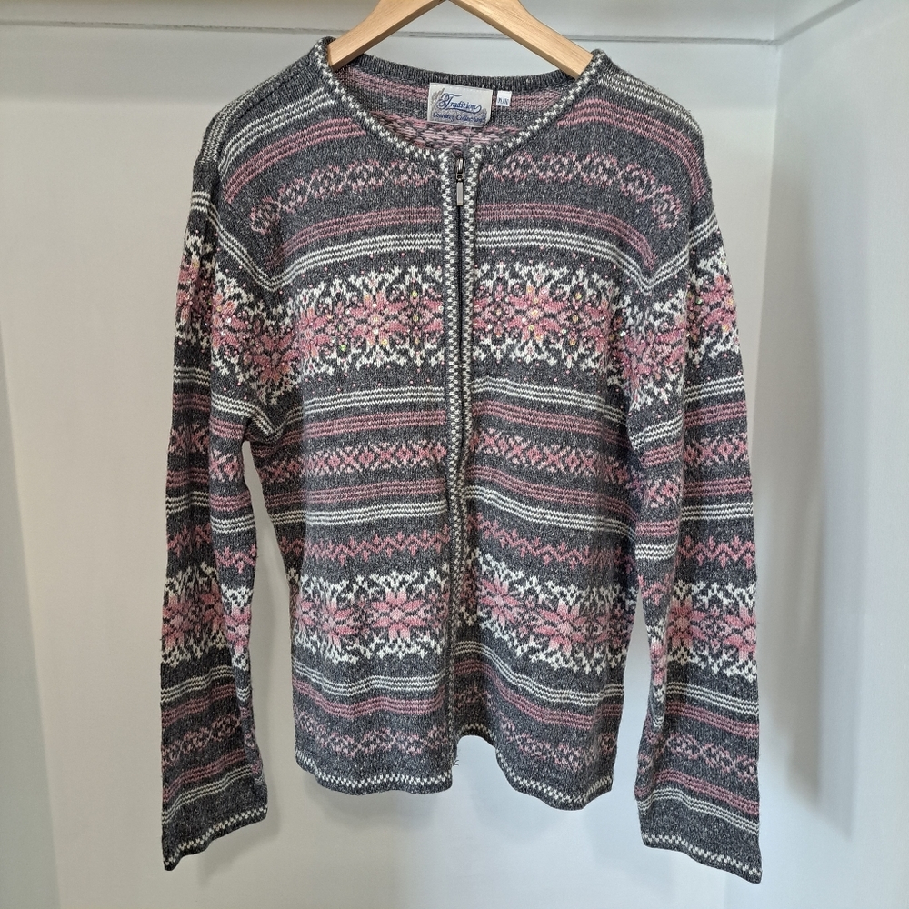 Sears Tradition Women's Sequin Beaded Sweater - Pink & Gray Patterned Crew Neck